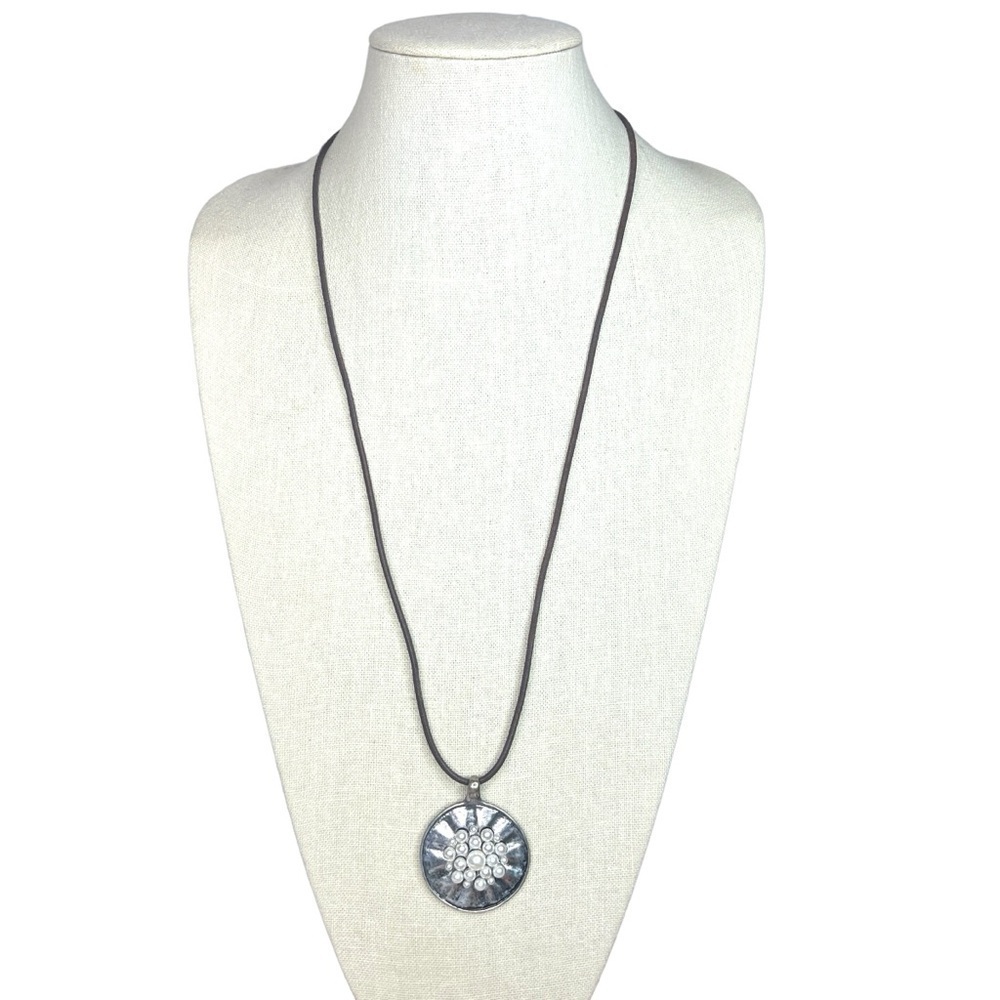 Pearl and Silver Pendant on Brown Leather Necklace